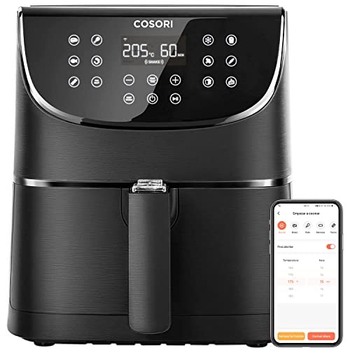 COSORI Freidora sin aceite inteligente XXL, 5,5 L, 11 programas y 100 recetas españolas, Control mediante APP, Precalentar y mantener caliente, Recordatorio de sacudir, LED pantalla táctil, Negro