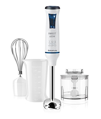 Taurus Robot 600 Plus Inox - Batidora de mano, 600 W, cuchillas de inox, 20 velocidades, pie desmontable, fácil limpieza, diseño anti salpicaduras, set completo de accesorios, Color Blanco/Azul