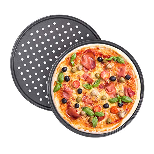 Relaxdays Juego de 2 Bandejas Pizza Horno Redondas, Antiadherentes y Perforadas, Acero al Carbono, Gris, ∅ 32 cm