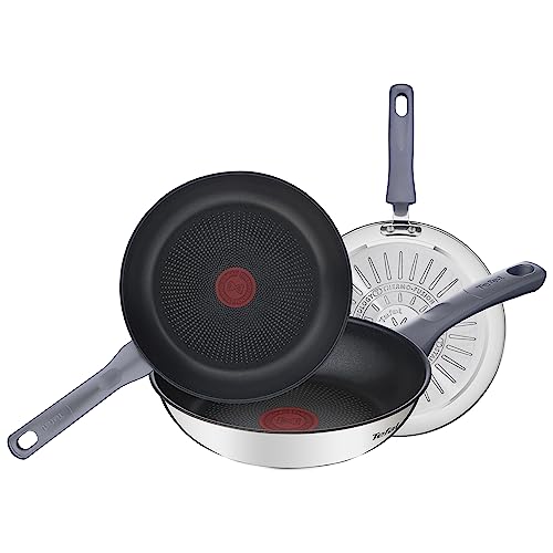 Tefal Daily Cook - Juego de 3 Sartenes de 20, 24 y 26 cm de acero inoxidable, antiadherentes, tecnología Thermospot, cocción uniforme, todo tipo cocinas, sin PFOA, color negro.