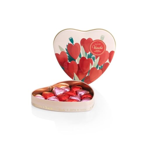 Venchi - Colección de San Valentín - Caja de Metal Grande en Forma de Corazón con Bombones de Chocolate con Leche y Extra Negro 75 %, 150 g - Idea de Regalo - Sin Gluten